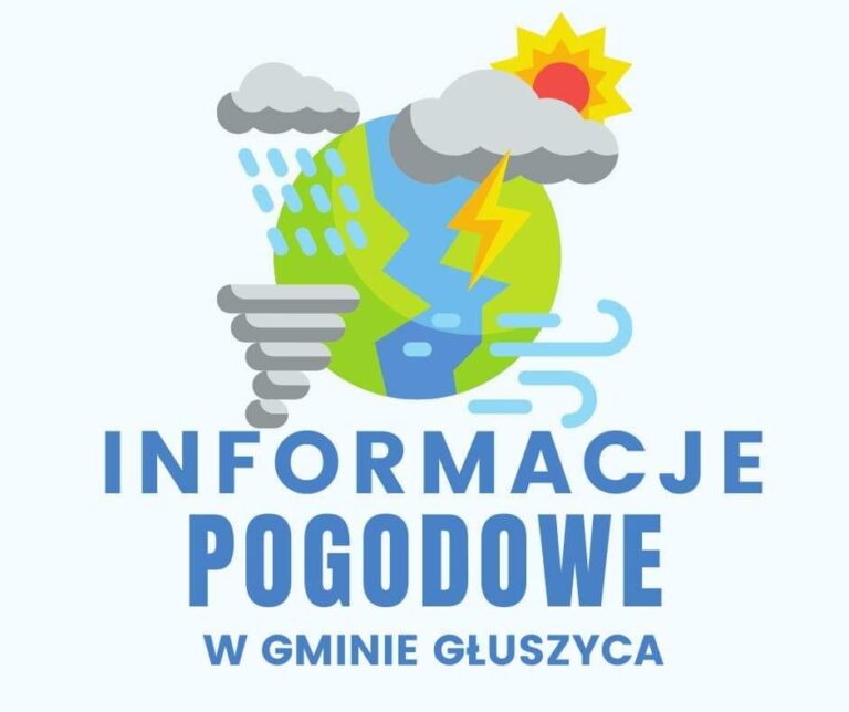 Grafika informacyjna dotycząca pogody w Gminie Głuszyca. Na jasnym tle znajduje się kolorowa ilustracja przedstawiająca kulę ziemską oraz symbole różnych zjawisk atmosferycznych: słońce, chmury, deszcz, błyskawicę, wiatr i trąbę powietrzną. Poniżej widnieje niebieski napis: „INFORMACJE POGODOWE W GMINIE GŁUSZYCA”.