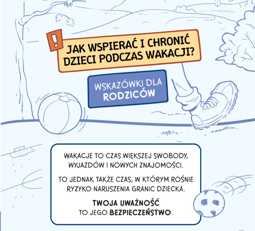 Infografika skierowana do rodziców dotycząca bezpieczeństwa dzieci podczas wakacji.
