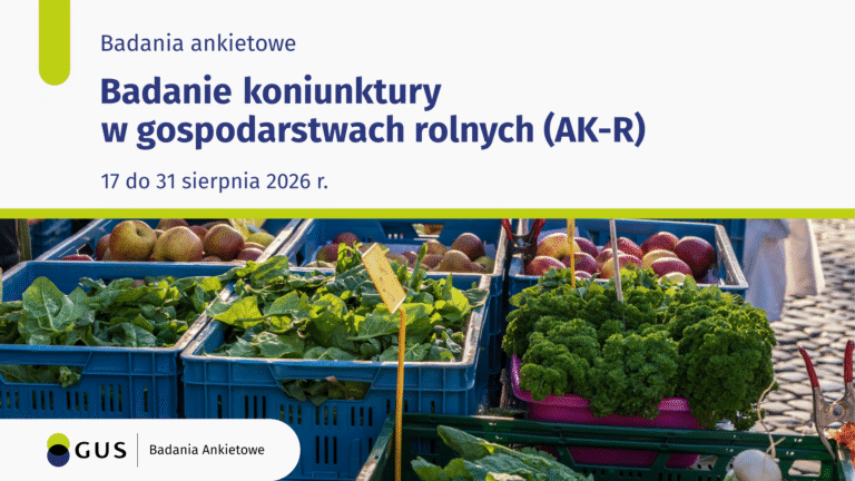 Grafika Głównego Urzędu Statystycznego informująca o badaniu ankietowym „Badanie koniunktury w gospodarstwach rolnych (AK-R)”, prowadzonym od 17 do 31 sierpnia 2026 r. W dolnej części znajduje się zdjęcie przedstawiające skrzynki z warzywami i owocami, m.in. zielonymi warzywami liściastymi, natką pietruszki i jabłkami. W lewym dolnym rogu umieszczono logo GUS oraz napis „Badania Ankietowe”.