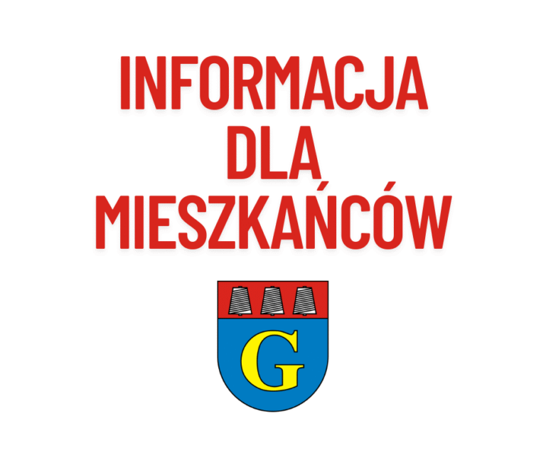 Grafika informacyjna Gminy Głuszyca na białym tle. U góry duży czerwony napis: „INFORMACJA DLA MIESZKAŃCÓW”. Poniżej znajduje się herb Gminy Głuszyca.
