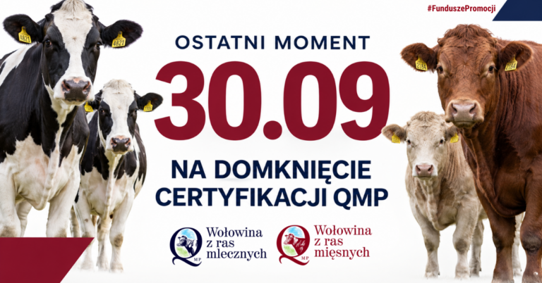 Baner z czterema krowami i napisem: „Ostatni moment. 30.09 na domknięcie certyfikacji QMP”. Na dole logotypy „Wołowina z ras mlecznych” i „Wołowina z ras mięsnych”.