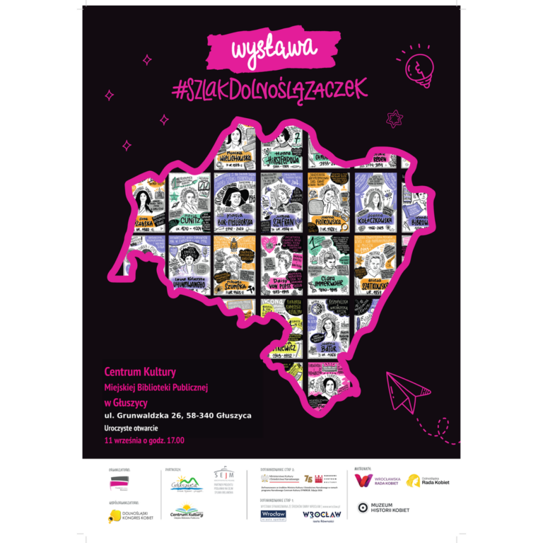 Plakat promujący wystawę „Szlak Dolnoślązaczek” w Głuszycy. Otwarcie wystawy odbędzie się 11 września 2026 r. o godz. 17:00 w Centrum Kultury–Miejskiej Bibliotece Publicznej w Głuszycy. Wystawa przedstawia historie kobiet związanych z Dolnym Śląskiem. Podczas wydarzenia zaprezentowana zostanie również nowa bohaterka projektu.