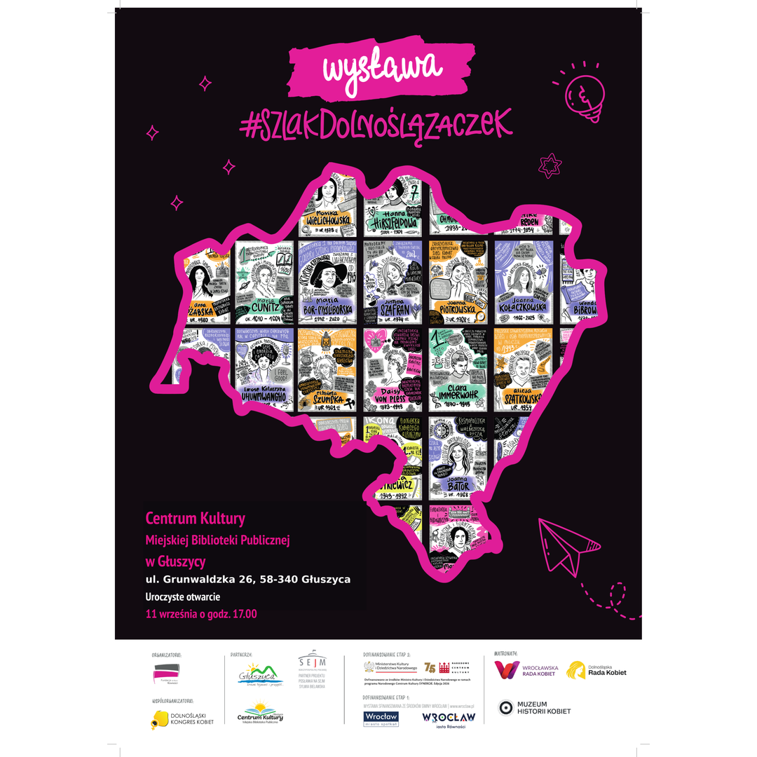 Plakat promujący wystawę „Szlak Dolnoślązaczek” w Głuszycy. Otwarcie wystawy odbędzie się 11 września 2026 r. o godz. 17:00 w Centrum Kultury–Miejskiej Bibliotece Publicznej w Głuszycy. Wystawa przedstawia historie kobiet związanych z Dolnym Śląskiem. Podczas wydarzenia zaprezentowana zostanie również nowa bohaterka projektu.