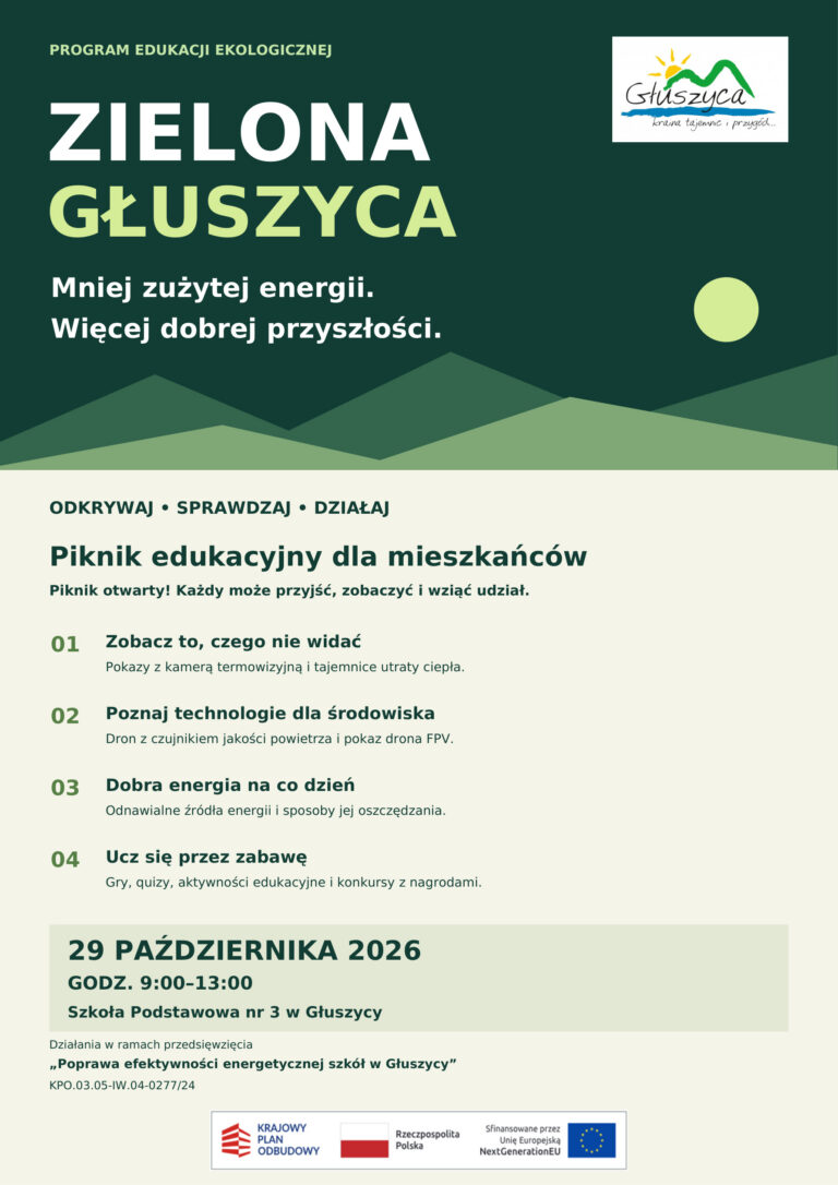 Plakat pikniku edukacyjnego „Zielona Głuszyca”. Wydarzenie odbędzie się 29 października 2026 r. w godz. 9:00–13:00 w Szkole Podstawowej nr 3 w Głuszycy. Piknik jest otwarty dla wszystkich. W programie: pokazy z kamerą termowizyjną, prezentacja drona z czujnikiem jakości powietrza i drona FPV, edukacja o odnawialnych źródłach energii i oszczędzaniu energii, gry, quizy oraz konkursy z nagrodami. Na zielonym tle widnieją stylizowane góry, słońce i hasło „Mniej zużytej energii. Więcej dobrej przyszłości”. Plakat zawiera logo Głuszycy oraz logotypy Krajowego Planu Odbudowy, Rzeczypospolitej Polskiej i Unii Europejskiej – NextGenerationEU. Działania realizowane w ramach przedsięwzięcia „Poprawa efektywności energetycznej szkół w Głuszycy”, nr KPO.03.05-IW.04-0277/24.